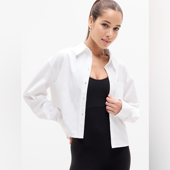 NWT Athleta Midday Cropped Poplin Shirt Bright White Crisp Collared Button-Down - Picture 3 of 12